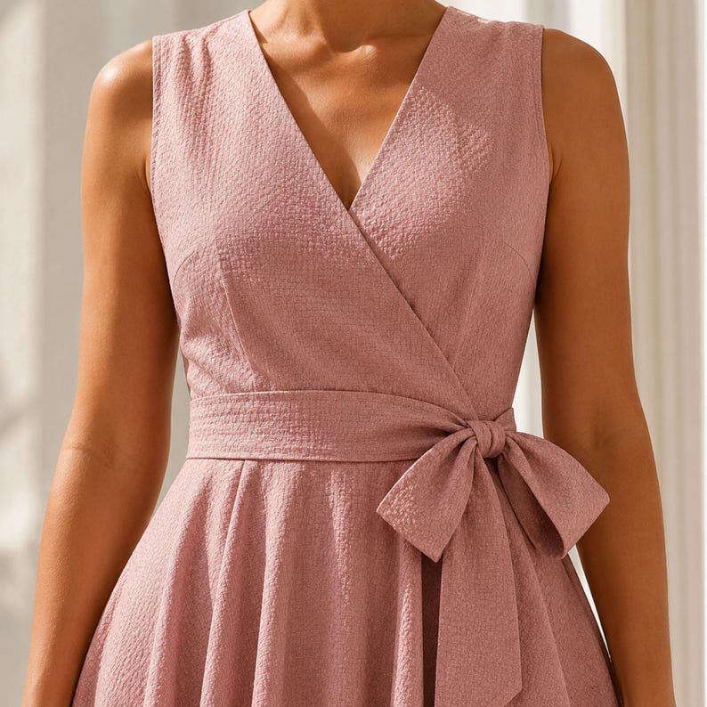 K&ouml;nnte beinhalten: Ein &auml;rmelloses, altrosa Kleid mit V-Ausschnitt und Wickeloberteil. Das Kleidungsst&uuml;ck verf&uuml;gt &uuml;ber ein passendes Stoffband in der Taille, das seitlich zu einer Schleife gebunden ist, und das Material weist eine subtile, texturierte Oberfl&auml;che auf.