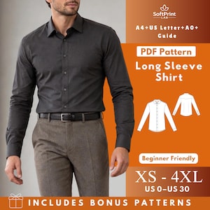 May include: A charcoal gray long-sleeve button-down shirt with a collar and a black belt, paired with brown trousers. The image includes text: SoftPrint LAB, A4+US Letter+A0+Guide, PDF Pattern Long Sleeve Shirt, Beginner Friendly, XS-4XL, US 0-US 30.