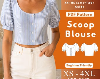 Cropped Blouse PDF Sewing Pattern, Scoop Neck Puff Sleeve Button Front Top with Cuffs, Bust Darts XS-4XL