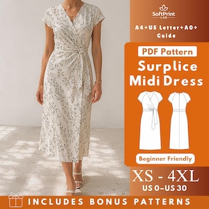 Peut inclure: Une robe midi couleur crème avec un imprimé botanique noir, dotée d'un décolleté en V, de manches courtes et d'une ceinture à nouer. Le graphique affiche le texte SoftPrint LAB, PDF Pattern, Surplice Midi Dress, XS-4XL, US 0-US 30.