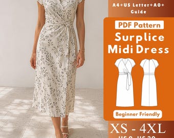 Surplice Midi Dress PDF Sewing Pattern, Raglan Wrap Dress with Short Sleeves, Back Invisible Zipper, Sash Belt, Women XS–4XL