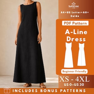 May include: A black sleeveless A-line maxi dress with a round neckline. The image includes text: SoftPrint LAB, A4+US Letter+A0+ Guide, PDF Pattern, A-Line Dress, Beginner Friendly, XS-4XL, US 0-US 30, and INCLUDES BONUS PATTERNS.
