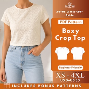 Mönster för boxig, kort topp i PDF-format, vävd blus med kort ärm, dammodell XS-4XL US 0-30