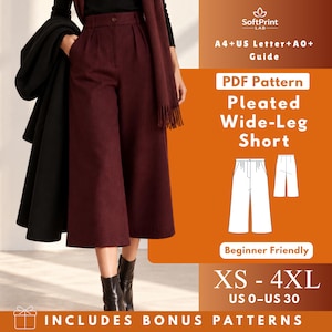 May include: A PDF sewing pattern for pleated wide-leg shorts by SoftPrint LAB. The image displays the text: A4+US Letter+A0+ Guide, PDF Pattern, Pleated Wide-Leg Short, Beginner Friendly, XS - 4XL, US 0-US 30, INCLUDES BONUS PATTERNS.