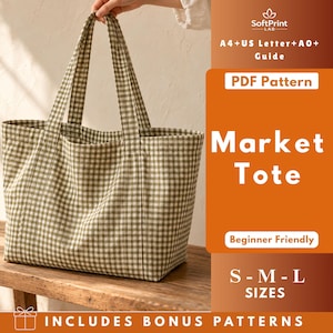 Pode incluir: Uma bolsa tote com padrão de xadrez vichy verde e branco e duas alças. A imagem inclui o texto: SoftPrint LAB, A4+US Letter+A0+ Guide, PDF Pattern, Market Tote, Beginner Friendly, S-M-L SIZES, INCLUDES BONUS PATTERNS.