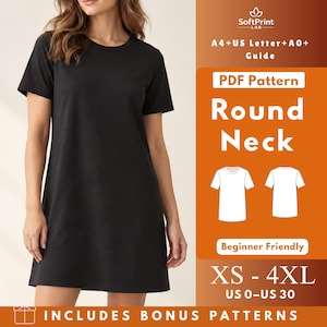 以下が含まれることがあります： 黒の半袖Tシャツワンピース、ラウンドネック。画像には「SoftPrint LAB」「A4+US Letter+A0+ Guide」「PDF Pattern」「Round Neck」「Beginner Friendly」「XS-4XL」「US 0-US 30」「INCLUDES BONUS PATTERNS」のテキストが含まれています。