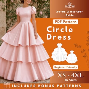 May include: A light pink circle dress with a tiered skirt and short, puffed sleeves. The image includes a PDF pattern guide with the text "Circle Dress", "XS - 4XL", and "Beginner Friendly". The dress is shown on a person.