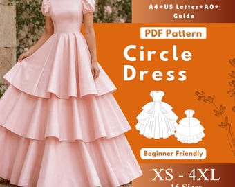 Tiered circle skirt dress sewing pattern pdf, puff sleeve floor length