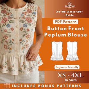May include: A cream-colored button-front peplum blouse with floral embroidery. The image includes a PDF pattern graphic, text that reads "Button Front Peplum Blouse", and size range "XS - 4XL".