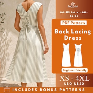 Dropped Shoulder Midi Dress PDF Sewing Pattern, Princess Seam Woven Dress with Lace-Up Back, Women XS-4XL