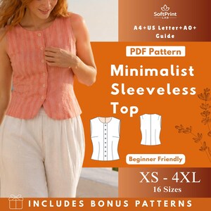 Op de afbeelding: Een mouwloze top met knopen in een licht koraalrode kleur wordt getoond. De afbeelding bevat ook een PDF-patroon voor een minimalistische mouwloze top, met de tekst "XS - 4XL" en "16 maten". Het patroon is beginnersvriendelijk.