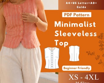 Minimalist Sleeveless Top Sewing Pattern PDF, Button Front Fitted Blouse, Summer Woven Digital Download