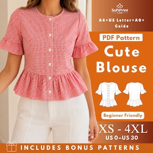 May include: A red and white gingham blouse with short ruffled sleeves, a round neckline, and a button-down front. The image includes text: SoftPrint LAB, A4+US Letter+A0+ Guide, PDF Pattern Cute Blouse, Beginner Friendly, XS - 4XL, US 0-US 30.