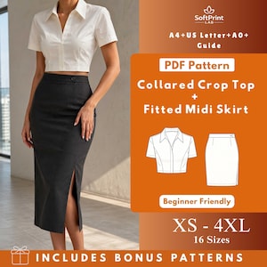 May include: A woman in a white collared crop top and a dark grey fitted midi skirt. The image features a PDF pattern for the outfit, with text saying "Collared Crop Top + Fitted Midi Skirt" and "XS - 4XL, 16 Sizes."