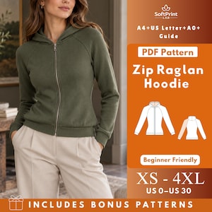 Peut inclure: Un patron de couture numérique PDF pour un sweat à capuche zippé raglan, avec des étiquettes pour les formats A4, US Letter et A0. Le graphique inclut un dessin technique du sweat, les tailles XS-4XL, US 0-30 et le texte Zip Raglan Hoodie.