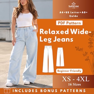 May include: A woman in light blue relaxed wide-leg jeans and a white top. The image features a PDF pattern graphic with the text "Relaxed Wide-Leg Jeans", "Beginner Friendly", and sizes XS-4XL. The image also includes the text "Includes Bonus Patterns".