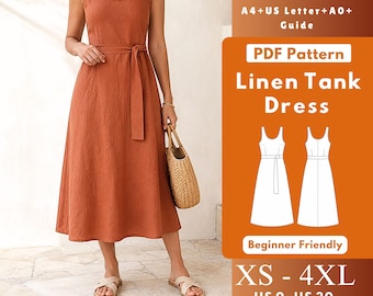 Belted Linen Tank Dress PDF Sewing Pattern, Sleeveless A-Line Midi Dress with Deep U Neck, Sash Belt, Side Zipper, XS-4XL