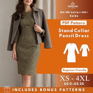 Patroon voor een nauwsluitende jurk met opstaande kraag (PDF), getailleerde geweven jurk tot op de knie met mouwen tot de pols, coupenaden bij de buste en taille, ritssluiting aan de achterkant, maten XS–4XL