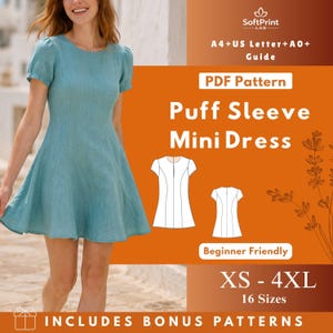 May include: A teal puff sleeve mini dress with a flared skirt. The image includes a PDF pattern graphic with the text "Puff Sleeve Mini Dress", "Beginner Friendly", and size range "XS - 4XL". The image also includes the text "INCLUDES BONUS PATTERNS".
