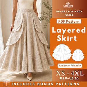 Layered Full Circle Skirt PDF Sewing Pattern, Woven Statement Skirt with Back Zipper, Women XS-4XL