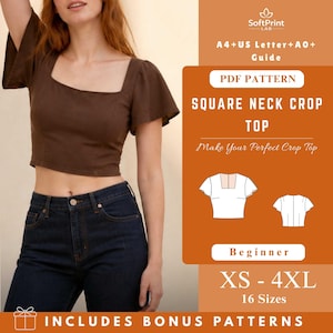 Puede incluir: Un top corto marrón con cuello cuadrado y mangas cortas. La imagen incluye una guía de patrones PDF con el texto "SQUARE NECK CROP TOP" y "XS - 4XL 16 Tallas". El patrón es para principiantes e incluye patrones de bonificación.