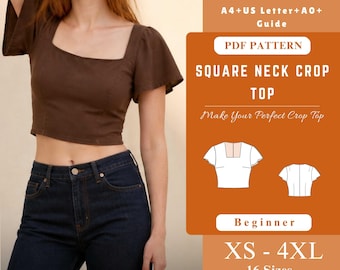 Square Neck Crop Top Sewing Pattern PDF, Flutter Sleeve Blouse, Fitted Bodice Woven Top Digital Download