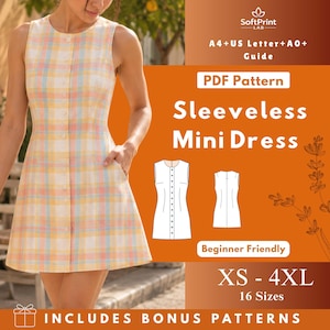 Könnte beinhalten: Ein ärmelloses Minikleid in einem pastellfarbenen Karomuster. Das Kleid hat eine Knopfleiste vorne und Taschen. Das Bild enthält den Text "PDF Pattern Sleeveless Mini Dress" und "XS - 4XL".