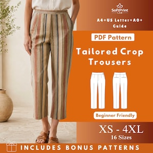 May include: Tailored crop trousers with vertical stripes in beige, brown, and blue. The image includes a PDF pattern guide for sizes XS-4XL. The design is beginner-friendly and includes bonus patterns.