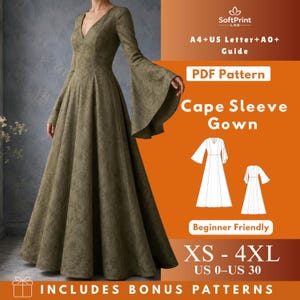 Può includere: Un abito lungo color verde oliva con maniche lunghe svasate a mantella e scollo a V. L'immagine include il testo: SoftPrint LAB, A4+US Letter+A0+ Guide, PDF Pattern, Cape Sleeve Gown, Beginner Friendly, XS-4XL, US 0-US 30, INCLUDES BONUS PATTERNS.