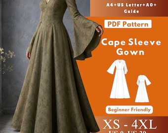 V Neck Cape Sleeve Gown PDF, Princess Bodice Maxi Dress