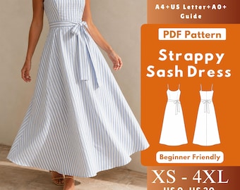 Sarafan Dress PDF Sewing Pattern, Strappy Ankle Length A-Line Dress with Sash Belt, Princess Seams, Back Zipper XS-4XL