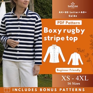 Może przedstawiać: Kobieta w granatowo-białej koszuli w paski w stylu rugby i białych spodniach. Obraz zawiera wzór PDF na "Boxy rugby stripe top" w rozmiarach od XS do 4XL. Wzór jest przyjazny dla początkujących i zawiera dodatkowe wzory.