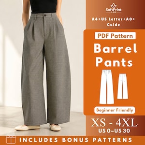 May include: A digital PDF sewing pattern for barrel pants featuring a grey plaid fabric design. The graphic includes the text SoftPrint LAB, A4+US Letter+A0+ Guide, PDF Pattern, Barrel Pants, Beginner Friendly, XS-4XL, US 0-US 30, and INCLUDES BONUS PATTERNS.
