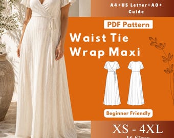 Patrón de costura en PDF para vestido maxi con lazo en la cintura y mangas con volantes y escote en V (descarga digital).
