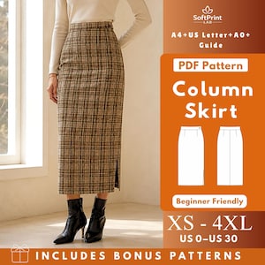 May include: A brown and black plaid column skirt with a side slit, worn with a white long-sleeve top and black boots. The graphic includes text: SoftPrint LAB, A4+US Letter+A0+ Guide, PDF Pattern Column Skirt, Beginner Friendly, XS-4XL, US 0-US 30.
