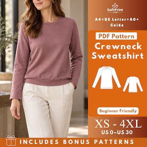 Könnte beinhalten: Ein malvenfarbenes Sweatshirt mit Rundhalsausschnitt, langen Ärmeln und geripptem Saum, kombiniert mit einer cremefarbenen Hose. Das Bild enthält Text: SoftPrint LAB, A4+US Letter+A0+ Guide, PDF Pattern Crewneck Sweatshirt, Beginner Friendly, XS - 4XL, US 0-US 30.
