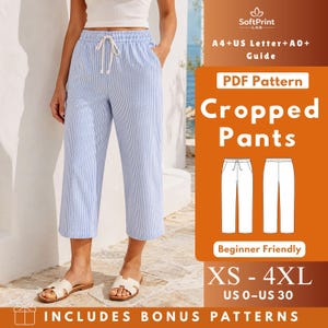 May include: Cropped pants with a light blue and white vertical pinstripe pattern, featuring an elastic waistband with a white drawstring. The text on the image reads SoftPrint LAB, A4+US Letter+A0+ Guide, PDF Pattern, Cropped Pants, Beginner Friendly, XS - 4XL, US 0-US 30, INCLUDES BONUS PATTERNS.