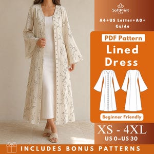 May include: A PDF pattern for a lined dress with a button-front closure and long flared sleeves. The pattern includes sizes XS to 4XL, US 0 to US 30, and features a beige duster coat with a delicate dark botanical print over a white dress.
