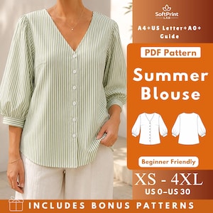 May include: A light green and white vertical striped blouse with a V-neckline, button-down front, and three-quarter length sleeves. The image includes text: SoftPrint LAB, A4+US Letter+A0+ Guide, PDF Pattern, Summer Blouse, Beginner Friendly, XS-4XL, US 0-US 30.