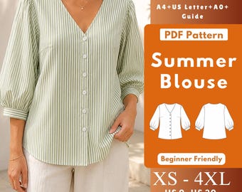 Button Front Puff Sleeve Blouse PDF Sewing Pattern, Deep V Woven Top with Bishop Sleeves
