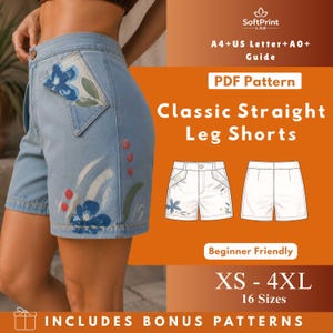 May include: Light blue denim shorts with floral painted accents. The shorts feature a classic straight leg design and are available in sizes XS-4XL. The image also includes the text "Classic Straight Leg Shorts" and "PDF Pattern".