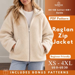 May include: A cream-colored, long-sleeve, hooded zip-up jacket made of textured fleece material. The text on the image reads: SoftPrint LAB, A4+US Letter+A0+ Guide, PDF Pattern, Raglan Zip Jacket, Beginner Friendly, XS - 4XL, US 0-US 30, INCLUDES BONUS PATTERNS.