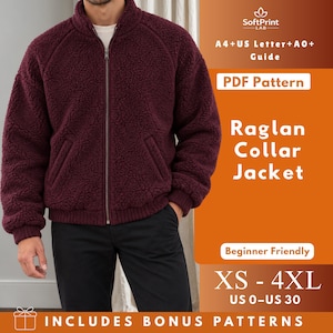 May include: A deep burgundy sherpa fleece jacket with a full-length front zipper, ribbed cuffs, and a stand-up collar. The text reads: SoftPrint LAB, A4+US Letter+A0+ Guide, PDF Pattern, Raglan Collar Jacket, Beginner Friendly, XS-4XL, US 0-US 30, INCLUDES BONUS PATTERNS.