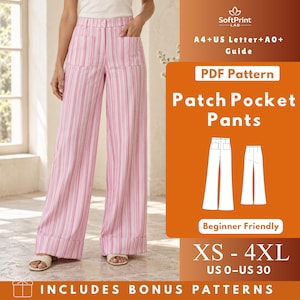 Puede incluir: Pantalones de tiro alto y pierna ancha con rayas verticales rosas y blancas, con bolsillos de parche delanteros y dobladillos con vuelta. La guía de patrón digital incluye el texto: SoftPrint LAB, A4+US Letter+A0+ Guide, PDF Pattern, Patch Pocket Pants, Beginner Friendly, XS-4XL, US 0-US 30.