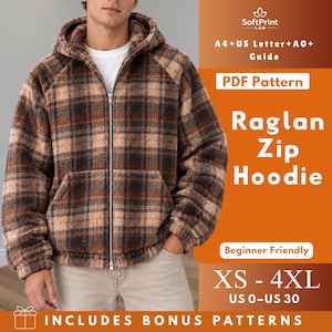 May include: A brown and tan plaid zip-up hoodie with a textured fleece finish, featuring a full-length metal zipper, raglan sleeves, and a front pocket. The text reads SoftPrint LAB, A4+US Letter+A0+ Guide, PDF Pattern, Raglan Zip Hoodie, Beginner Friendly, XS - 4XL, US 0-US 30, INCLUDES BONUS PATTERNS.