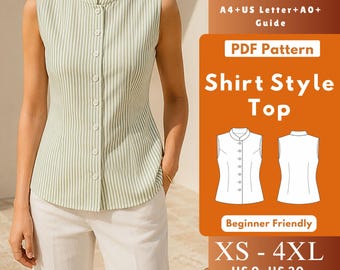 Sleeveless Stand Collar Top PDF Sewing Pattern, Button Front Blouse with Facings, Women XS-4XL