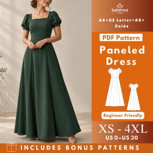 May include: A floor-length dark green dress with short puff sleeves and a square neckline. The image includes text: SoftPrint LAB, A4+US Letter+A0+ Guide, PDF Pattern, Paneled Dress, Beginner Friendly, XS - 4XL, US 0-US 30, INCLUDES BONUS PATTERNS.