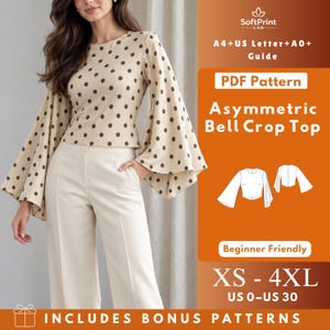May include: A beige crop top with dark brown polka dots and long, wide bell sleeves. The text reads: SoftPrint LAB, A4+US Letter+A0+ Guide, PDF Pattern, Asymmetric Bell Crop Top, Beginner Friendly, XS - 4XL, US 0-US 30, INCLUDES BONUS PATTERNS.