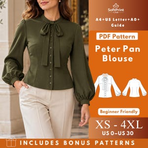 May include: An olive green long-sleeve blouse with a neck tie, button-down front, and cuffed sleeves. The image includes text: SoftPrint LAB, A4+US Letter+A0+ Guide, PDF Pattern, Peter Pan Blouse, Beginner Friendly, XS-4XL, US 0-US 30.