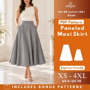 May include: A grey panelled maxi skirt with a high waistband and a flared silhouette. The image includes text: SoftPrint LAB, A4+US Letter+A0+Guide, PDF Pattern Panelled Maxi Skirt, Beginner Friendly, XS-4XL, US 0-US 30, INCLUDES BONUS PATTERNS.